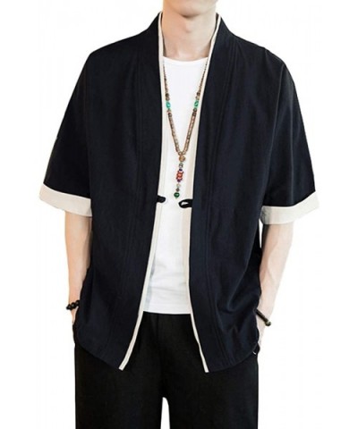 Men Japanese Short-Sleeved Kimono Cardigan Yukat Coat Loose Cardigan Jacket Top - Black - CO18EARN78D $34.59 Robes