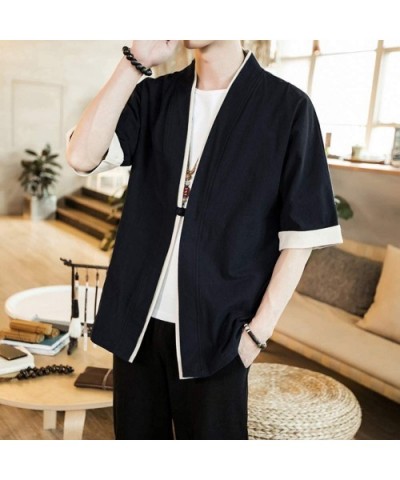 Men Japanese Short-Sleeved Kimono Cardigan Yukat Coat Loose Cardigan Jacket Top - Black - CO18EARN78D $34.59 Robes