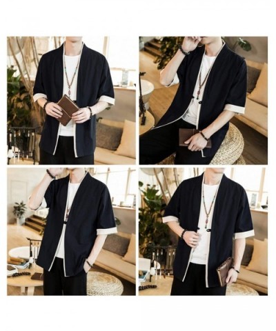 Men Japanese Short-Sleeved Kimono Cardigan Yukat Coat Loose Cardigan Jacket Top - Black - CO18EARN78D $34.59 Robes