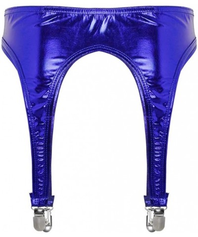 Women's Shiny Metallic High Stockings Garter Belts with 4 Straps Metal Clip Suspender Briefs - Royal Blue - C11985QT3QU $22.1...