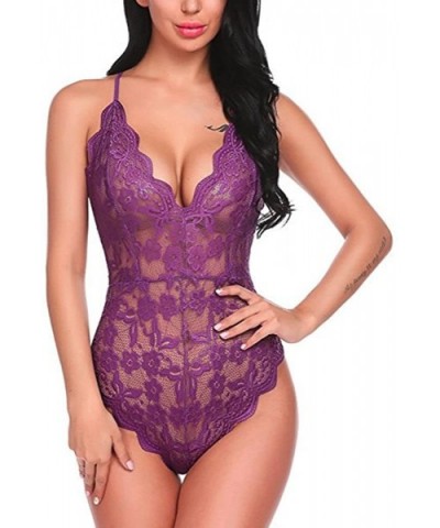 Women Deep V Sexy Lace Lingerie Teddy Underwear Babydoll Mini Bodysuit - Purple - C8195A63HLR $16.24 Baby Dolls & Chemises