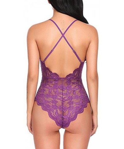 Women Deep V Sexy Lace Lingerie Teddy Underwear Babydoll Mini Bodysuit - Purple - C8195A63HLR $16.24 Baby Dolls & Chemises