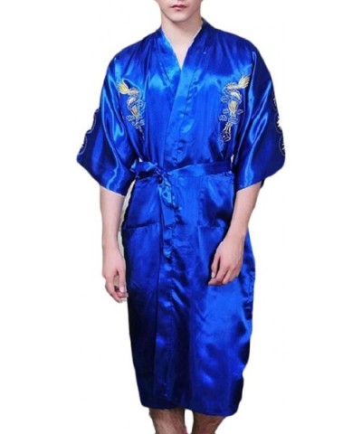 Men Chinese Dragon Embroidered Satin Kimono Robe Loungewear Nightgown - Blue - CN18G2IAUK2 $60.61 Robes