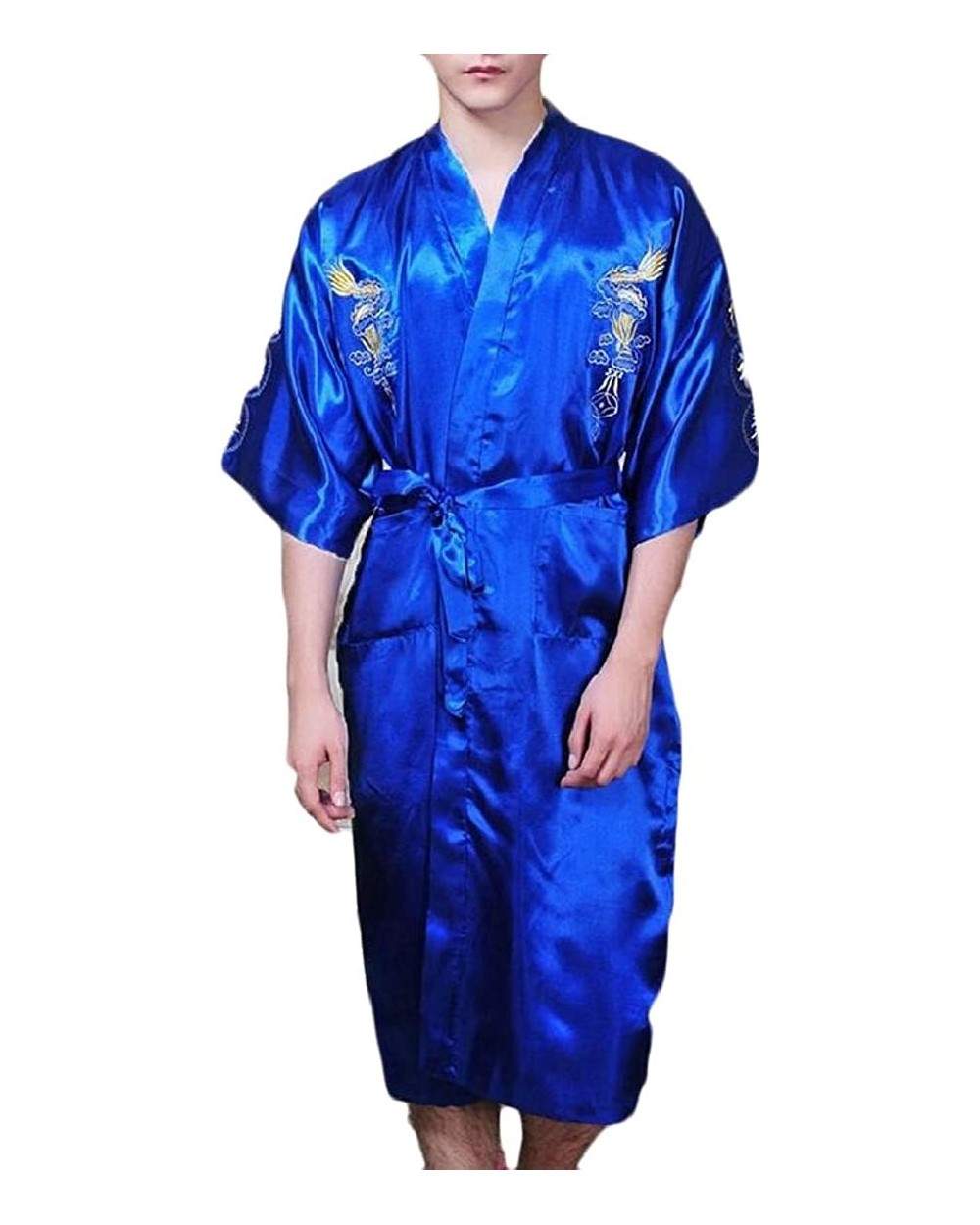 Men Chinese Dragon Embroidered Satin Kimono Robe Loungewear Nightgown - Blue - CN18G2IAUK2 $60.61 Robes