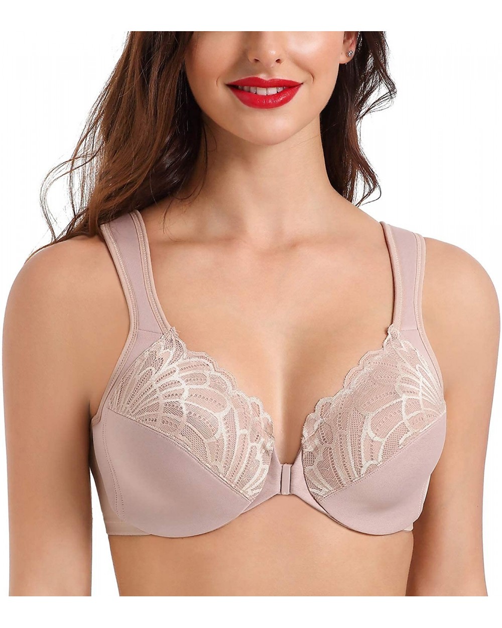 Front Closure Bras for Women Plus Size Underwire Unlined Lace Cup Cushion Strap - Beige - C3198C630NI $35.40 Bras