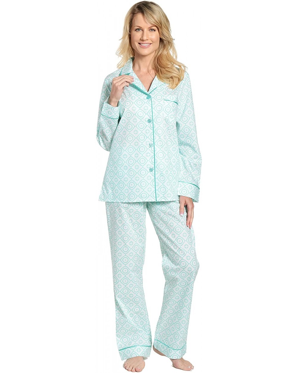 100% Cotton Pajama Set for Women - Moroccan Aqua-white - CN182Z4ES4H $61.85 Sets