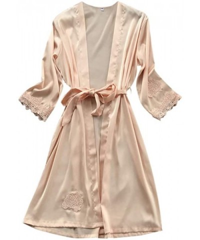 PJ Womens Lingerie Silk Lace Robe Dress Babydoll Nightdress Sleepwear Kimono Set - Cbeige - C018M5QSYYI $19.82 Nightgowns & S...