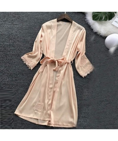 PJ Womens Lingerie Silk Lace Robe Dress Babydoll Nightdress Sleepwear Kimono Set - Cbeige - C018M5QSYYI $19.82 Nightgowns & S...