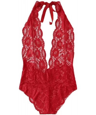 Women Teddy Lingerie Lace Sheer Mesh One Piece Mini Bodysuits - Red - C5194OWLRLO $21.28 Shapewear