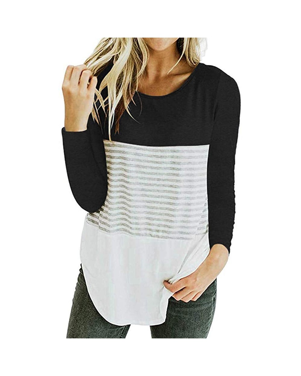 Womens Striped Patchwork Crewneck Long Sleeve Blouse Tshirts Casual Loose Fit Tee Tops - Black - CI1942RDTY2 $23.66 Thermal U...