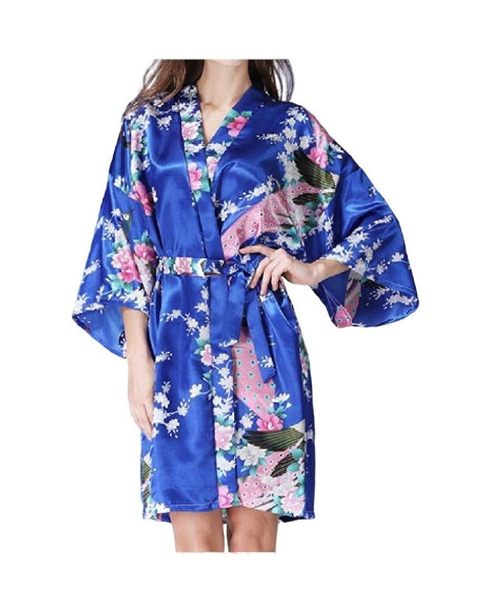 Women Floral Kimono Mid-Length Waist Belted Regular Fit Pj Lounge - 1 - CZ19876L4K6 $36.99 Tops