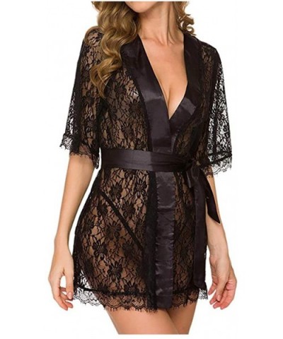 Women's Lace Kimono Robe Sexy Lingerie Babydoll Lace Up Chemise Dress Mesh Briefs Nightgown - Black - CR193K2SNYO $14.21 Baby...