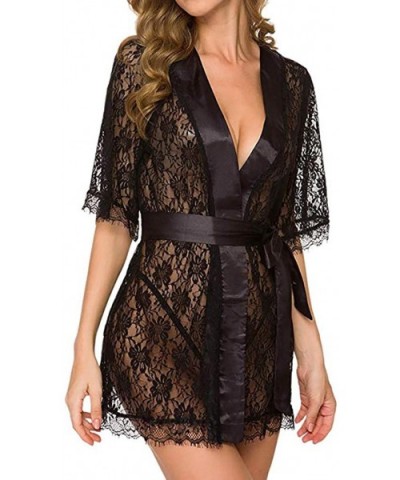 Women's Lace Kimono Robe Sexy Lingerie Babydoll Lace Up Chemise Dress Mesh Briefs Nightgown - Black - CR193K2SNYO $14.21 Baby...