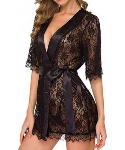 Women's Lace Kimono Robe Sexy Lingerie Babydoll Lace Up Chemise Dress Mesh Briefs Nightgown - Black - CR193K2SNYO $14.21 Baby...