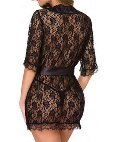 Women's Lace Kimono Robe Sexy Lingerie Babydoll Lace Up Chemise Dress Mesh Briefs Nightgown - Black - CR193K2SNYO $14.21 Baby...