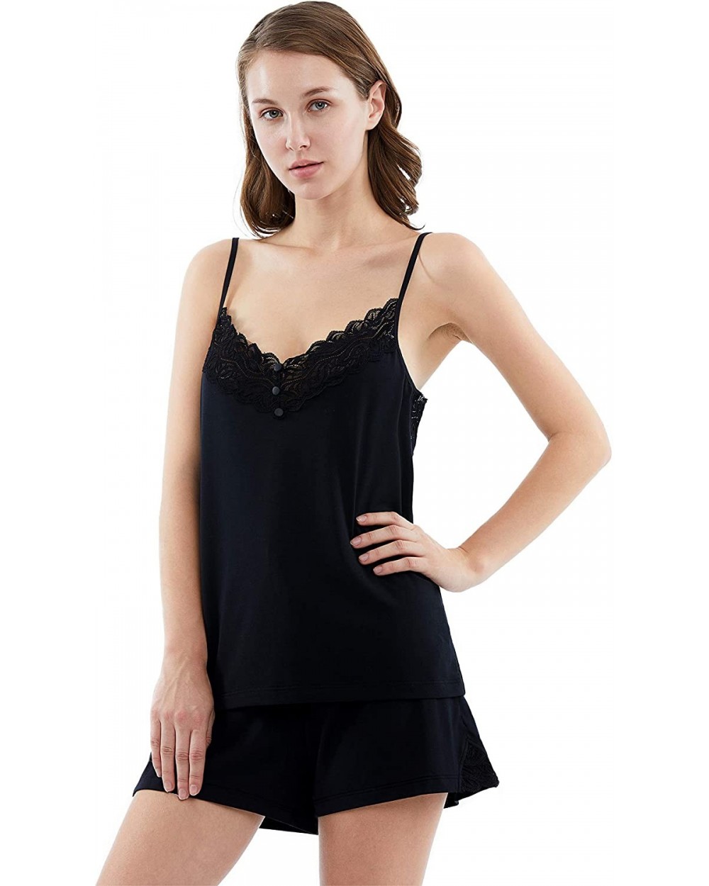 Pajamas Set for Women Lace Cami Tops and Shorts Elegant Sexy Sleepwear - Black - CQ194U9CR9A $44.36 Sets