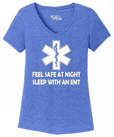 Ladies Feel Safe at Night Sleep with EMT Triblend V-Neck - Royal Frost - C218YHEOKG2 $24.03 Tops