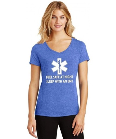 Ladies Feel Safe at Night Sleep with EMT Triblend V-Neck - Royal Frost - C218YHEOKG2 $24.03 Tops