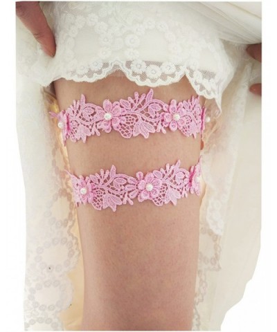 Floral Lace Wedding Garter Set Bridal Garter Set Beaded S11 (Pink) - C418D2WESOL $13.02 Garters & Garter Belts