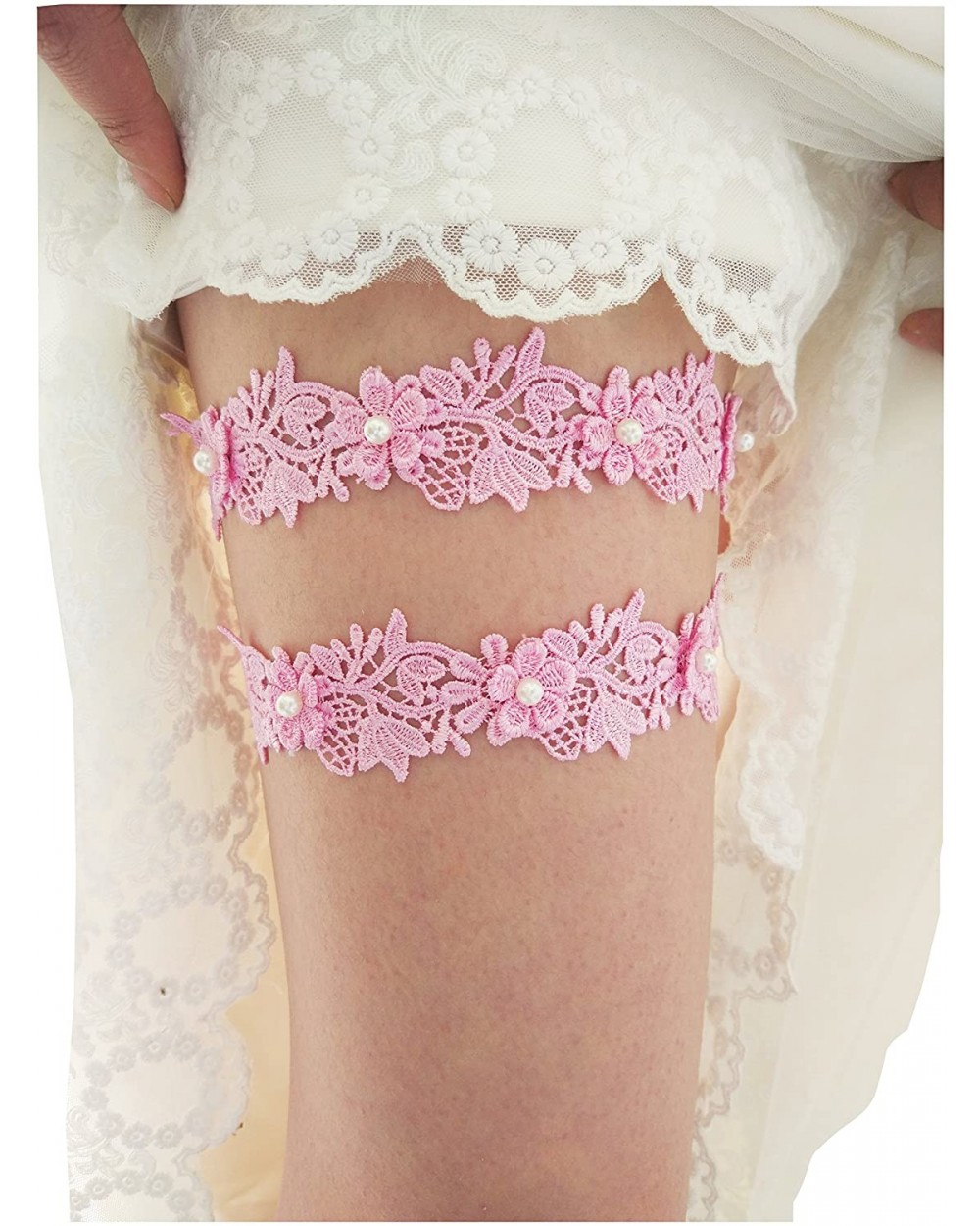 Floral Lace Wedding Garter Set Bridal Garter Set Beaded S11 (Pink) - C418D2WESOL $13.02 Garters & Garter Belts