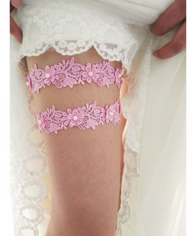 Floral Lace Wedding Garter Set Bridal Garter Set Beaded S11 (Pink) - C418D2WESOL $13.02 Garters & Garter Belts