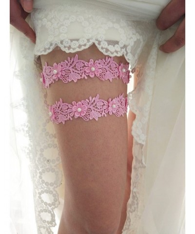 Floral Lace Wedding Garter Set Bridal Garter Set Beaded S11 (Pink) - C418D2WESOL $13.02 Garters & Garter Belts