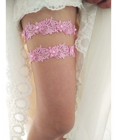 Floral Lace Wedding Garter Set Bridal Garter Set Beaded S11 (Pink) - C418D2WESOL $13.02 Garters & Garter Belts