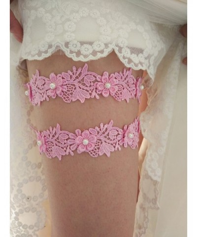 Floral Lace Wedding Garter Set Bridal Garter Set Beaded S11 (Pink) - C418D2WESOL $13.02 Garters & Garter Belts