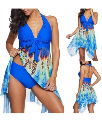 Plus Size Swimdress-Women Plus Size Takini Mesh Patchwork Print Swimsuit Beachwear Padded Swimwear - K-blue - CK195R2XMWC $26...