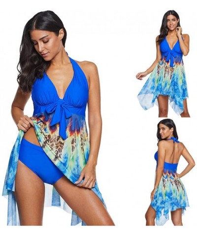 Plus Size Swimdress-Women Plus Size Takini Mesh Patchwork Print Swimsuit Beachwear Padded Swimwear - K-blue - CK195R2XMWC $26...