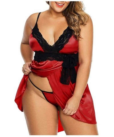 Women's Plus Size Nightdress+Panties Set- Sexy Lace Sleepwear Underwear Lingerie - Red - CJ196GXTH96 $16.59 Robes