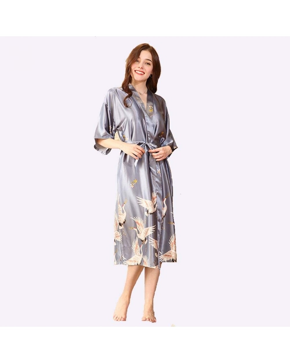 Womens Satin Gown Robes Suspenders Pajamas Kimono Wedding Pajamas Classic Colors and Crane Bird Print Ya Gray l - C8199EEQ9QA...