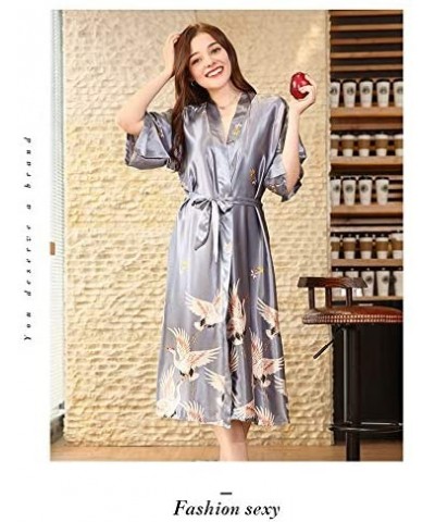 Womens Satin Gown Robes Suspenders Pajamas Kimono Wedding Pajamas Classic Colors and Crane Bird Print Ya Gray l - C8199EEQ9QA...