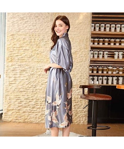 Womens Satin Gown Robes Suspenders Pajamas Kimono Wedding Pajamas Classic Colors and Crane Bird Print Ya Gray l - C8199EEQ9QA...