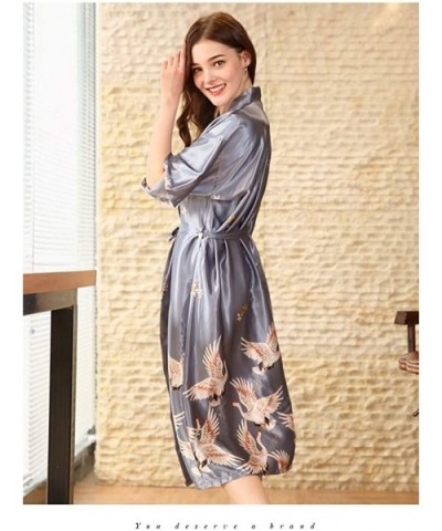 Womens Satin Gown Robes Suspenders Pajamas Kimono Wedding Pajamas Classic Colors and Crane Bird Print Ya Gray l - C8199EEQ9QA...