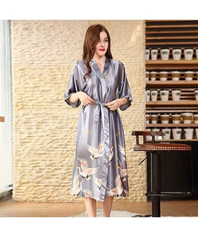 Womens Satin Gown Robes Suspenders Pajamas Kimono Wedding Pajamas Classic Colors and Crane Bird Print Ya Gray l - C8199EEQ9QA...