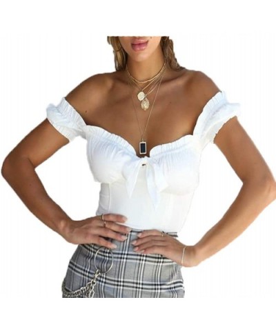 Women's Short Sleeve Off Shoulder Bodysuit Ruffles V-Neck Jumpsuit Romper Leotard Tops - Crop Top White - CY190R6K9RI $25.37 ...