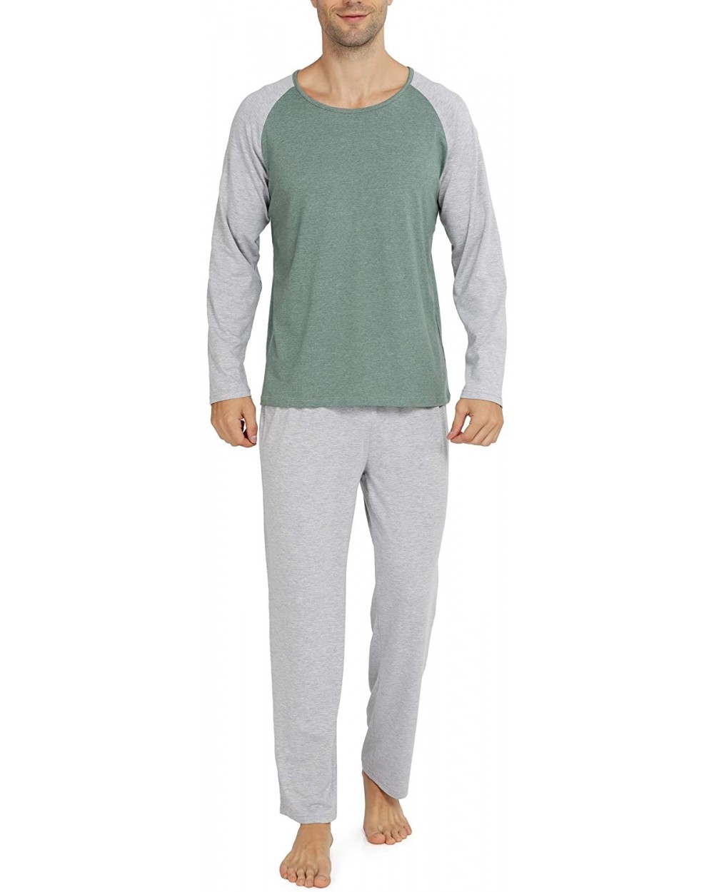 Mens Cotton Pajamas Set Classic Sleepwear Loungewear - Green - CS18Z5D7KOO $24.52 Sleep Sets