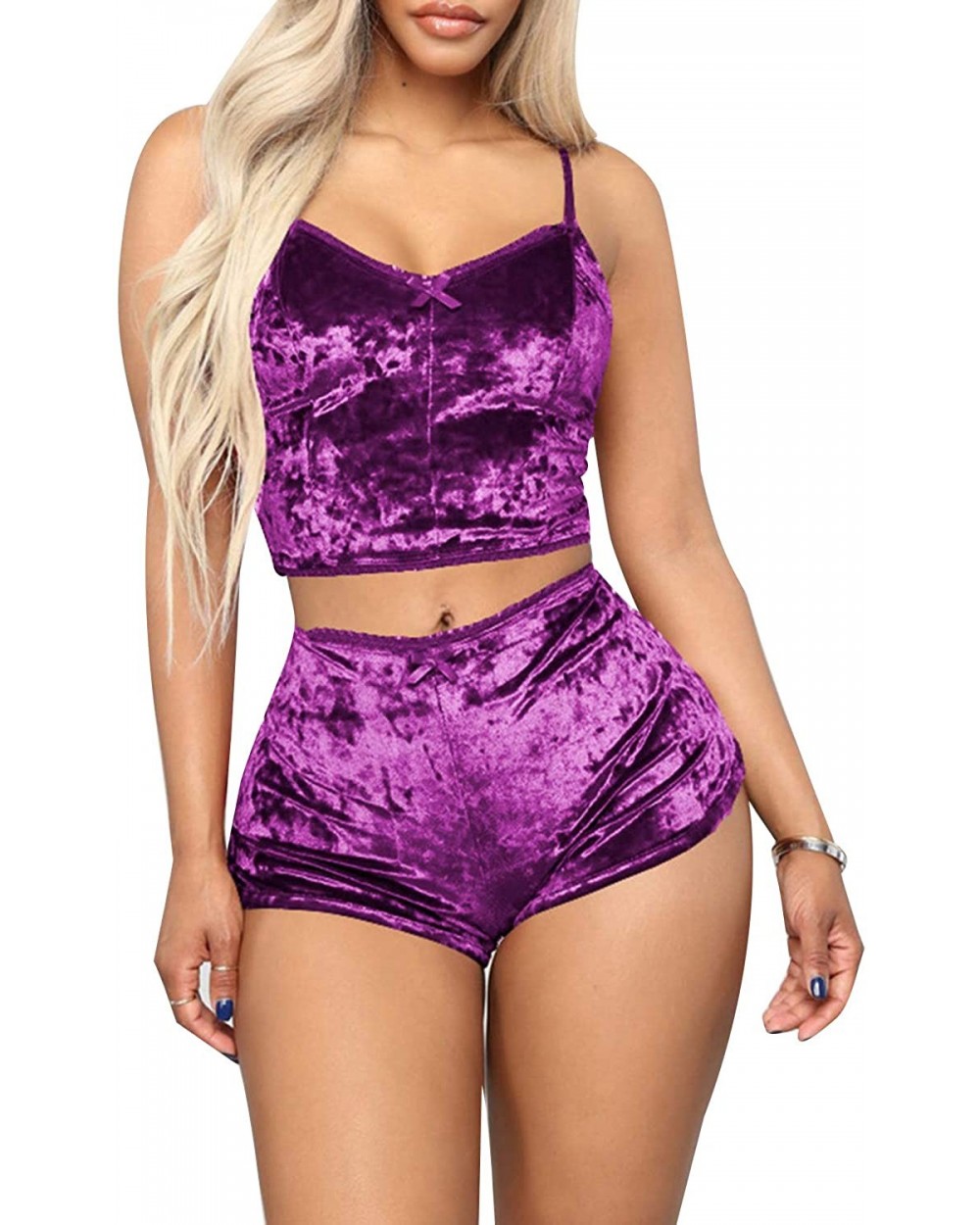 Women's Velvet 2 Piece Outfit Spaghetti Strap Crop Top with Shorts Sexy Pajama Sets - A_purple - C1199DYSWGW $32.29 Sets