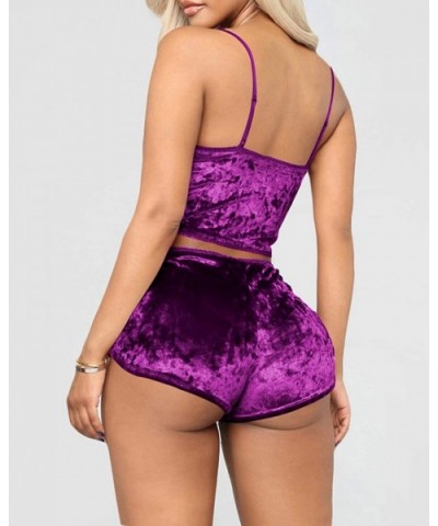 Women's Velvet 2 Piece Outfit Spaghetti Strap Crop Top with Shorts Sexy Pajama Sets - A_purple - C1199DYSWGW $32.29 Sets