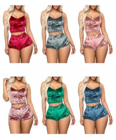 Women's Velvet 2 Piece Outfit Spaghetti Strap Crop Top with Shorts Sexy Pajama Sets - A_purple - C1199DYSWGW $32.29 Sets