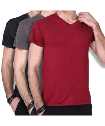 Mens Modal Mix Bamboo Fiber V Neck T-Shirt Undershirt Sleepwear Top Nightwear - Black+dark Grey+red - CT18IR7Y2UD $59.07 Unde...