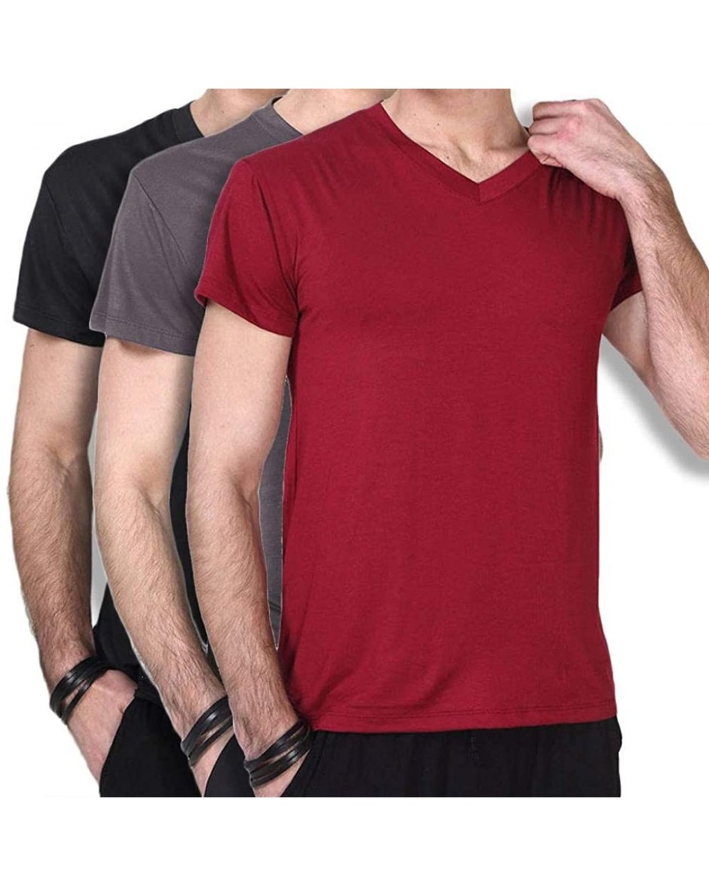 Mens Modal Mix Bamboo Fiber V Neck T-Shirt Undershirt Sleepwear Top Nightwear - Black+dark Grey+red - CT18IR7Y2UD $59.07 Unde...