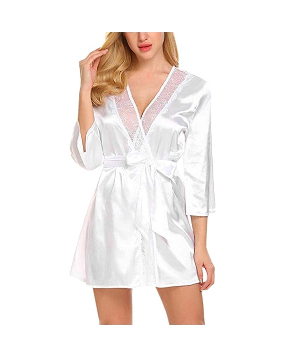 Lingerie for Women Autumn Casual Solid Nine-Minute Sleeve Lace Splicing Sleepwear - White - CQ1943L96DX $15.23 Tops