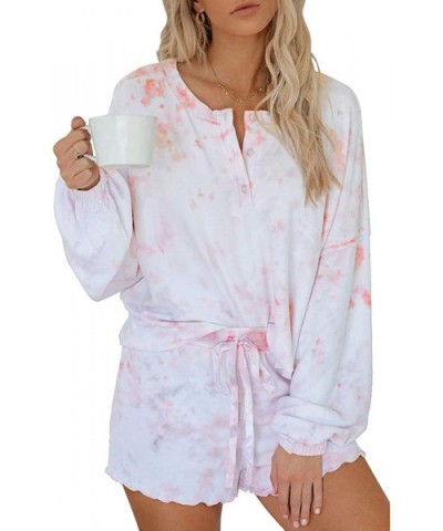 Womens 2 Pieces Pajama Set Tie Dye Leopard Print Casual Loose Clothes Long Sleeve Top + Ruffled Shorts Pink White - CS1903KGM...