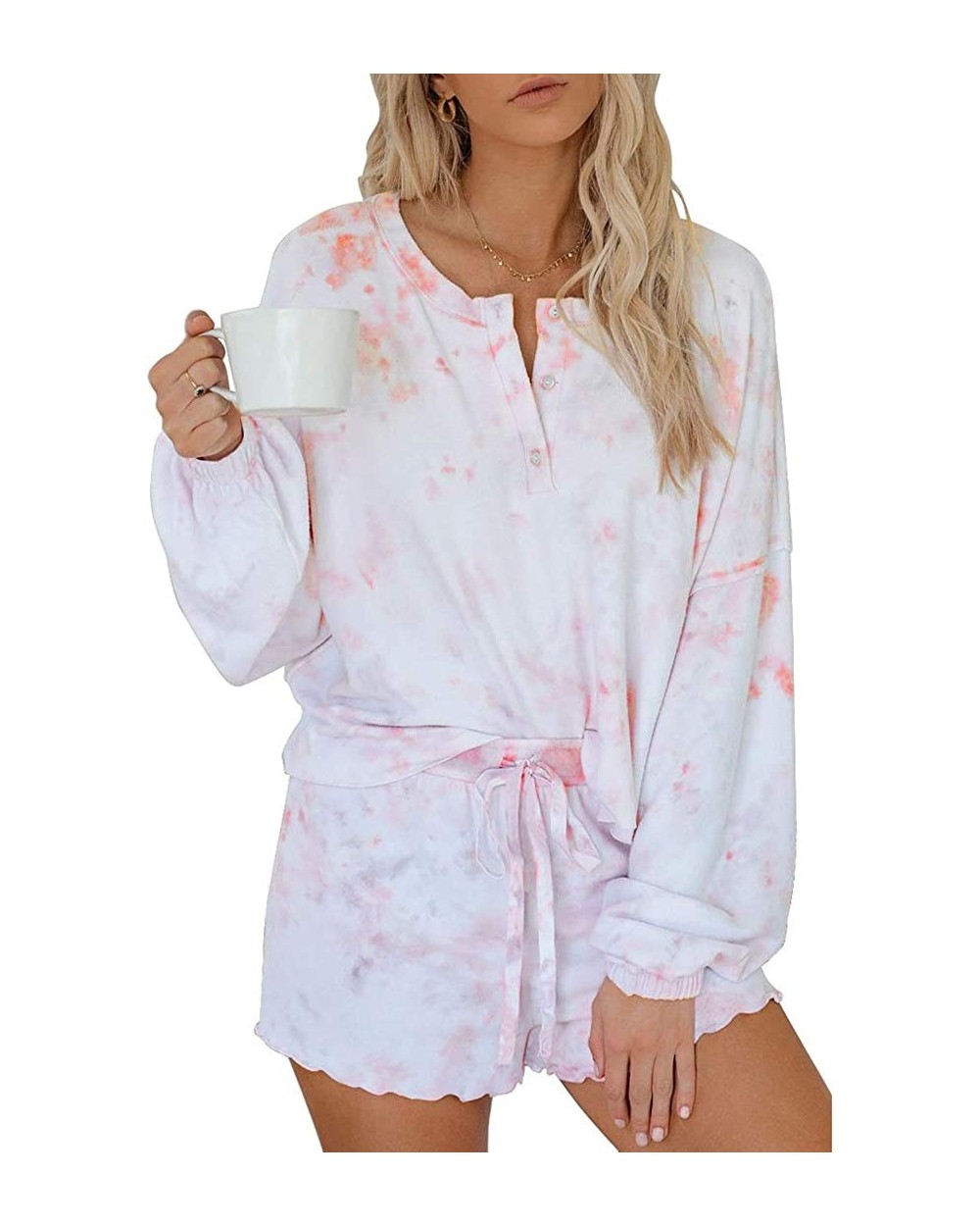 Womens 2 Pieces Pajama Set Tie Dye Leopard Print Casual Loose Clothes Long Sleeve Top + Ruffled Shorts Pink White - CS1903KGM...