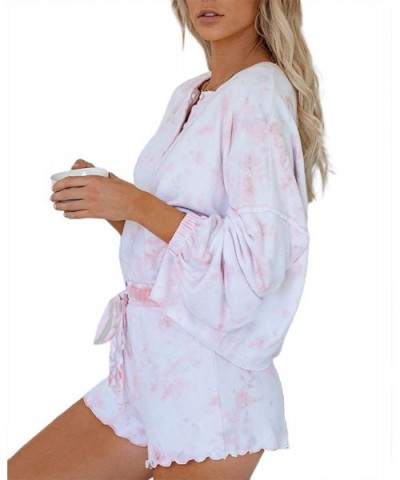 Womens 2 Pieces Pajama Set Tie Dye Leopard Print Casual Loose Clothes Long Sleeve Top + Ruffled Shorts Pink White - CS1903KGM...