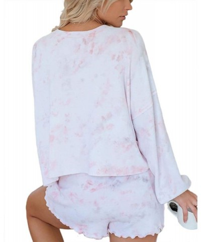 Womens 2 Pieces Pajama Set Tie Dye Leopard Print Casual Loose Clothes Long Sleeve Top + Ruffled Shorts Pink White - CS1903KGM...