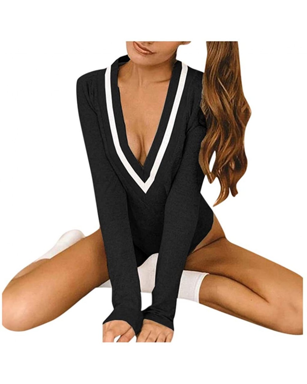 Women's Deep V Neck Long Sleeve Bodysuit Ribbed Knit Stretchy Thong One Piece Bodysuit Tops - Black - C81945ZLO2S $24.07 Shap...