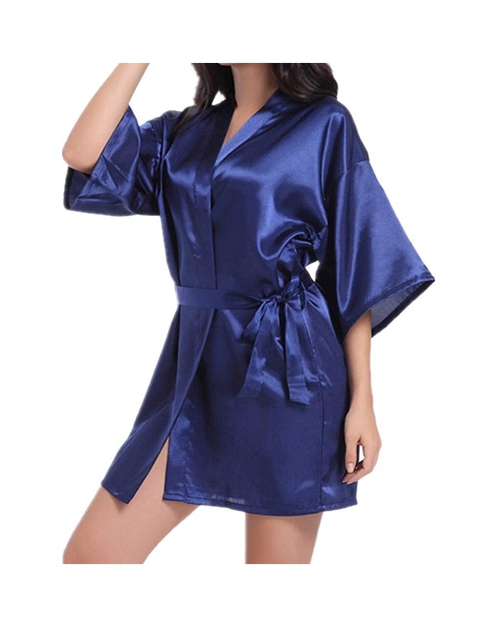 Women's Solid Color Cardigan Robe Loose Thin Sexy Short Satin Bathrobe - Dark Blue - C319733QURE $71.69 Robes